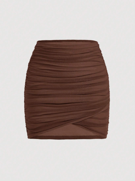 MOD Solid Ruched Wrap Mesh Skirt