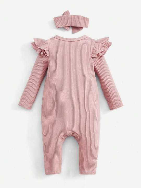 Newborn Baby Girls' Autumn/winter Cute & Comfy Pink Footed Jumpsuit With Snap Button, Headband And Ruffle Detail