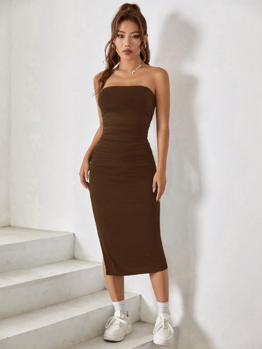 EZwear Summer Outfits Solid Split Thigh Tube Bodycon Dress