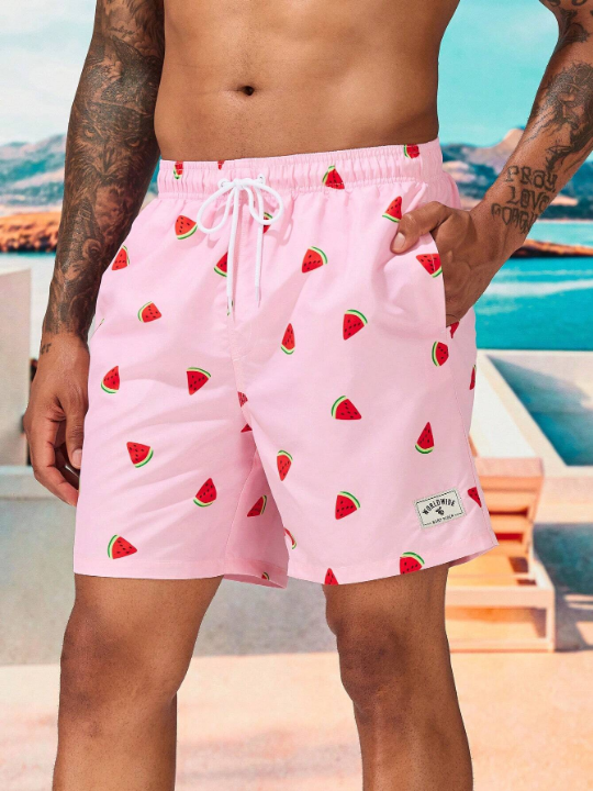 Manfinity Swimmode Men Watermelon Print Drawstring Waist Swim Trunks