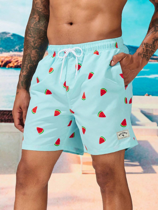 Manfinity Swimmode Men Watermelon Print Drawstring Waist Swim Trunks