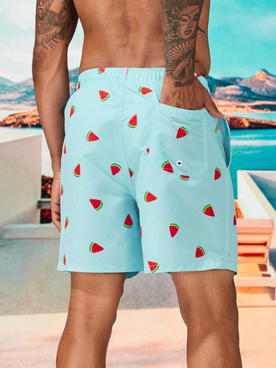 Manfinity Swimmode Men Watermelon Print Drawstring Waist Swim Trunks