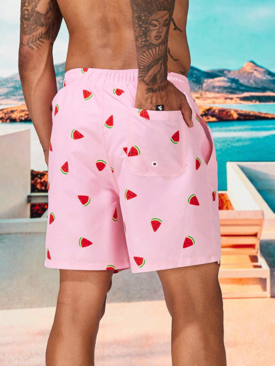 Manfinity Swimmode Men Watermelon Print Drawstring Waist Swim Trunks