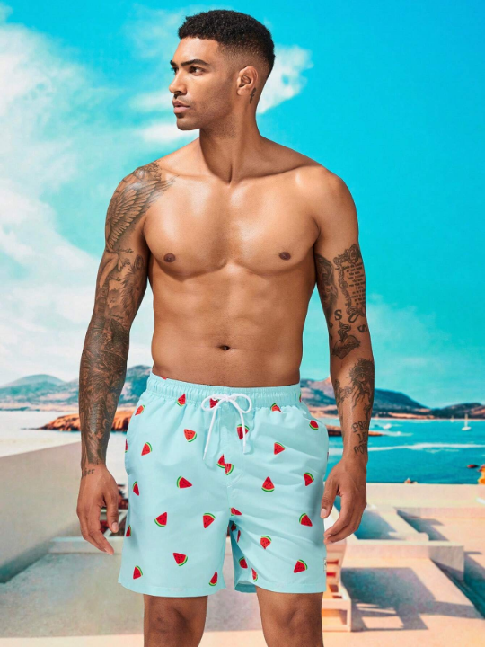 Manfinity Swimmode Men Watermelon Print Drawstring Waist Swim Trunks