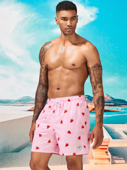 Manfinity Swimmode Men Watermelon Print Drawstring Waist Swim Trunks