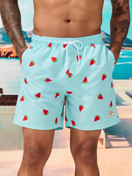 Manfinity Swimmode Men Watermelon Print Drawstring Waist Swim Trunks