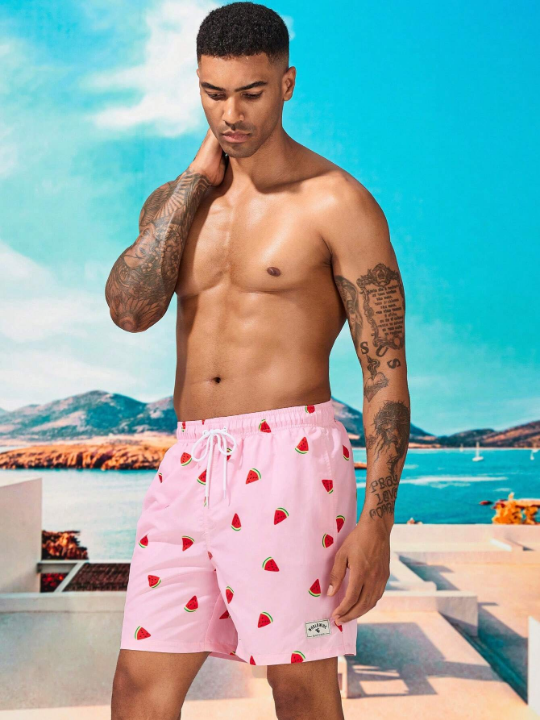 Manfinity Swimmode Men Watermelon Print Drawstring Waist Swim Trunks