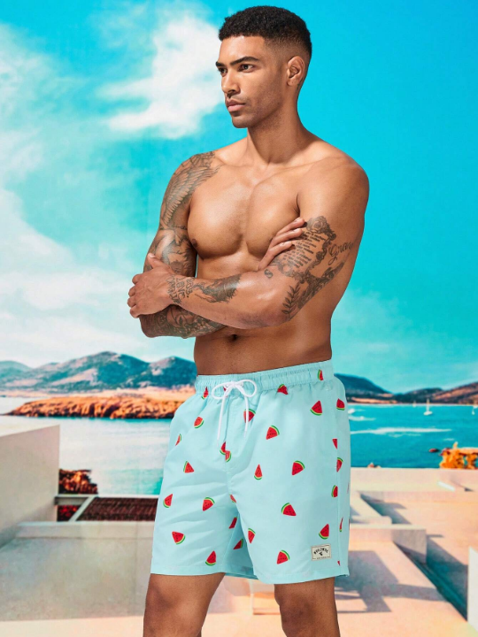 Manfinity Swimmode Men Watermelon Print Drawstring Waist Swim Trunks