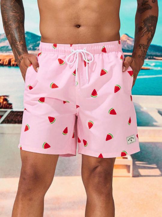 Manfinity Swimmode Men Watermelon Print Drawstring Waist Swim Trunks