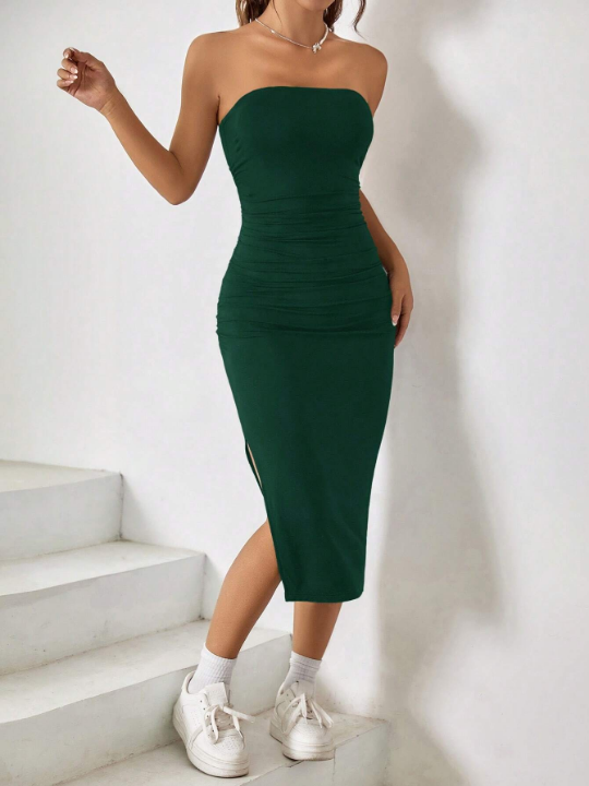 EZwear Solid Split Thigh Tube Bodycon Dress