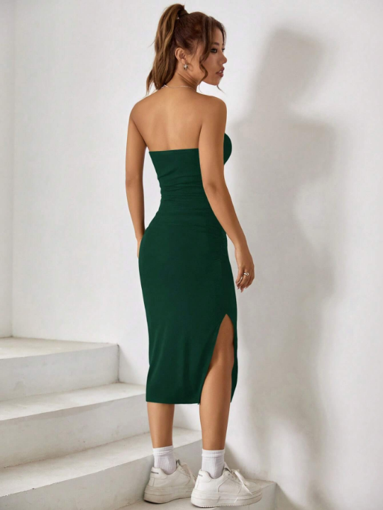 EZwear Solid Split Thigh Tube Bodycon Dress