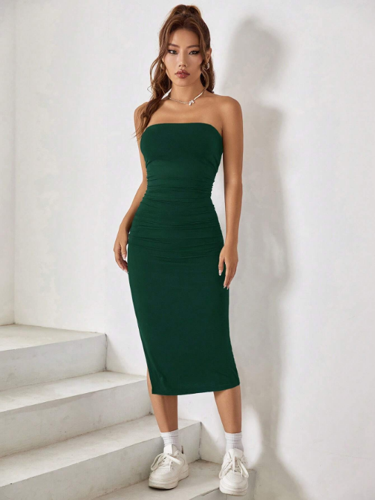 EZwear Solid Split Thigh Tube Bodycon Dress