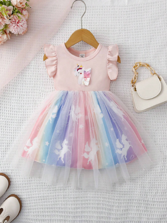 Baby Girl Unicorn Print Ruffle Trim Mesh Overlay Dress