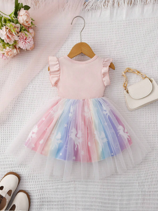 Baby Girl Unicorn Print Ruffle Trim Mesh Overlay Dress