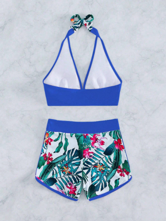 Tropical Print Halter Bikini Swimsuit