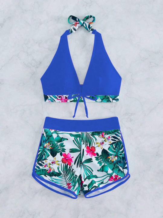 Tropical Print Halter Bikini Swimsuit