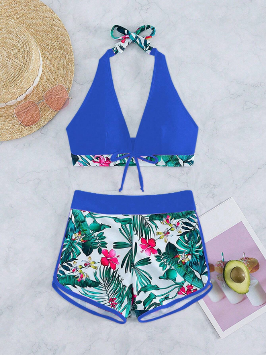 Tropical Print Halter Bikini Swimsuit