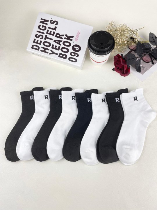 8 Pairs Men's Spring/Autumn Colorful Letter R Series Athletic Crew Socks