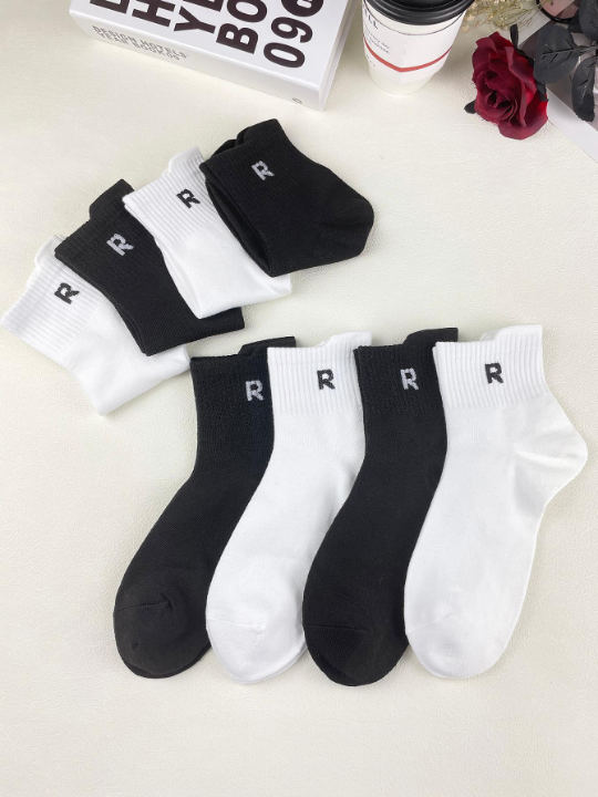 8 Pairs Men's Spring/Autumn Colorful Letter R Series Athletic Crew Socks