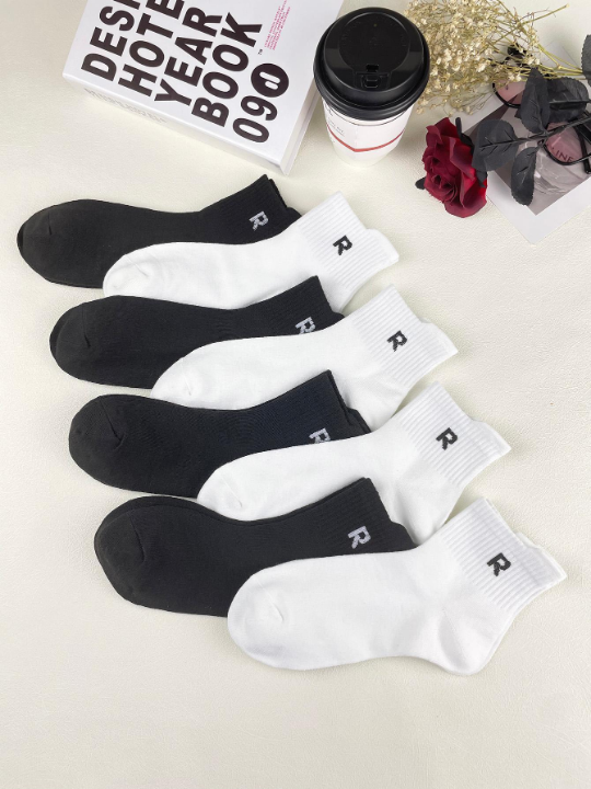 8 Pairs Men's Spring/Autumn Colorful Letter R Series Athletic Crew Socks