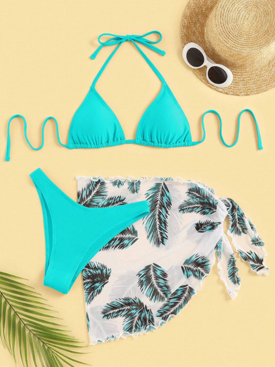 Swim Vcay Feather Print Triangle Bikini Swimsuit With Beach Skirt