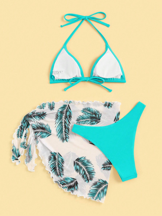 Swim Vcay Feather Print Triangle Bikini Swimsuit With Beach Skirt