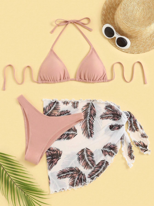 Swim Vcay Feather Print Triangle Bikini Swimsuit With Beach Skirt