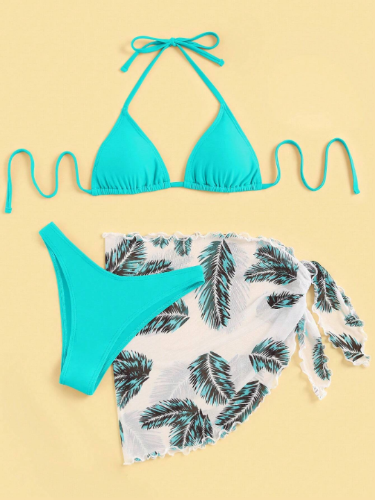 Swim Vcay Feather Print Triangle Bikini Swimsuit With Beach Skirt