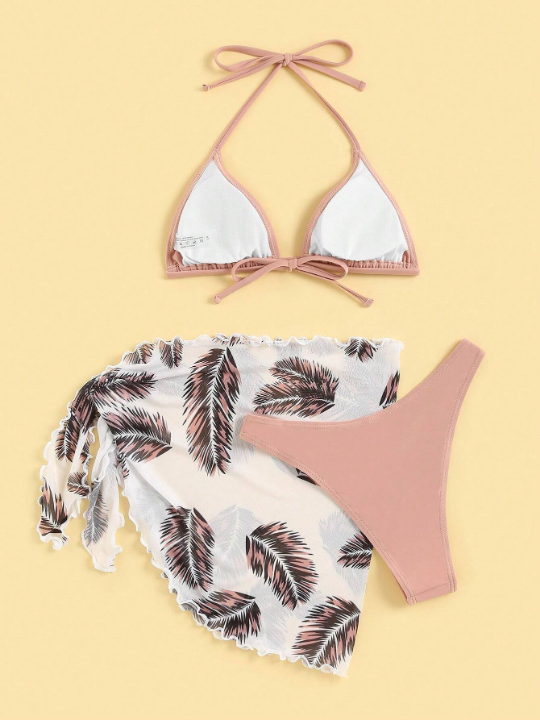 Swim Vcay Feather Print Triangle Bikini Swimsuit With Beach Skirt