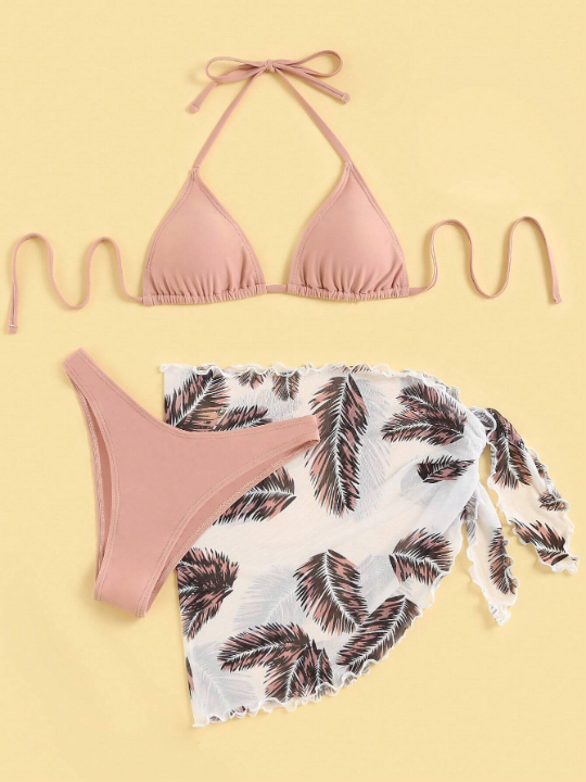 Swim Vcay Feather Print Triangle Bikini Swimsuit With Beach Skirt