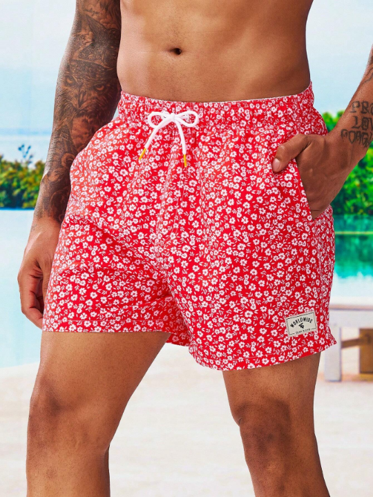 Manfinity Swimmode Men Ditsy Floral Print Letter Patched Detail Drawstring Waist Swim Trunks