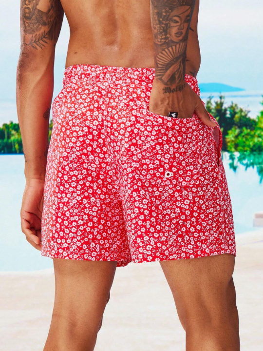 Manfinity Swimmode Men Ditsy Floral Print Letter Patched Detail Drawstring Waist Swim Trunks