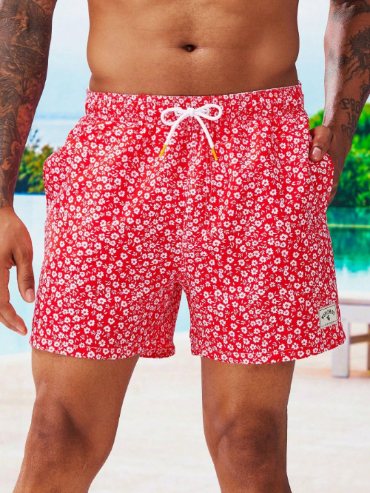 Manfinity Swimmode Men Ditsy Floral Print Letter Patched Detail Drawstring Waist Swim Trunks