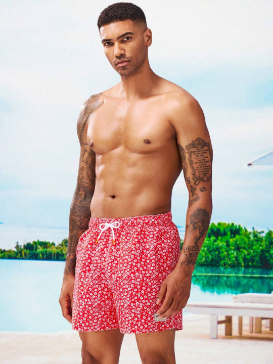 Manfinity Swimmode Men Ditsy Floral Print Letter Patched Detail Drawstring Waist Swim Trunks