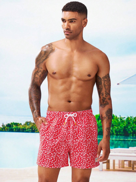 Manfinity Swimmode Men Ditsy Floral Print Letter Patched Detail Drawstring Waist Swim Trunks