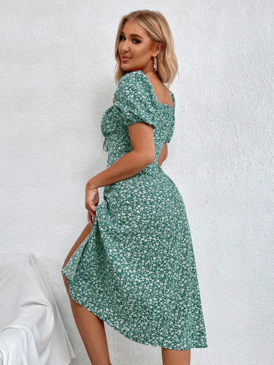 Frenchy Ditsy Floral Print Knot Front Split Thigh Dress