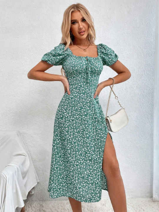 Frenchy Ditsy Floral Print Knot Front Split Thigh Dress