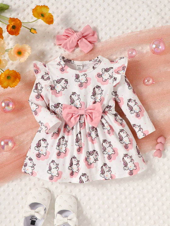 Baby Girl Unicorn Print Ruffle Trim Bow Front Dress