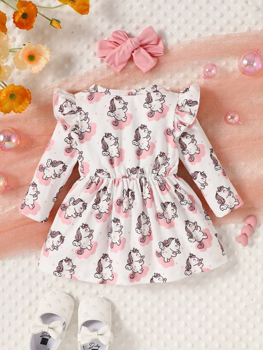 Baby Girl Unicorn Print Ruffle Trim Bow Front Dress