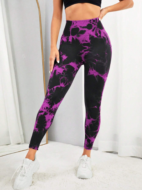 Yoga Trendy Tie Dye Wide Waistband Sports Leggings