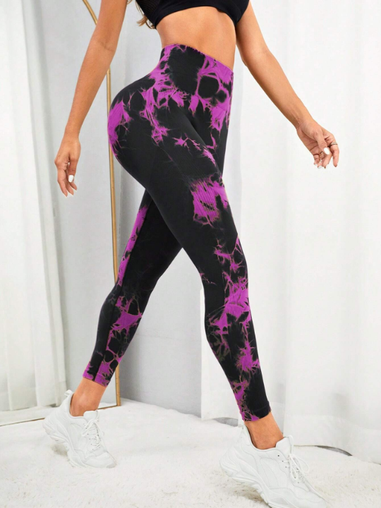 Yoga Trendy Tie Dye Wide Waistband Sports Leggings