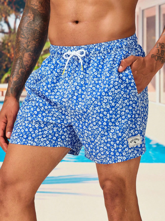 Manfinity Swimmode Men Ditsy Floral Print Letter Patched Detail Drawstring Waist Swim Trunks