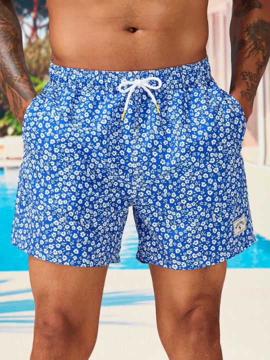 Manfinity Swimmode Men Ditsy Floral Print Letter Patched Detail Drawstring Waist Swim Trunks