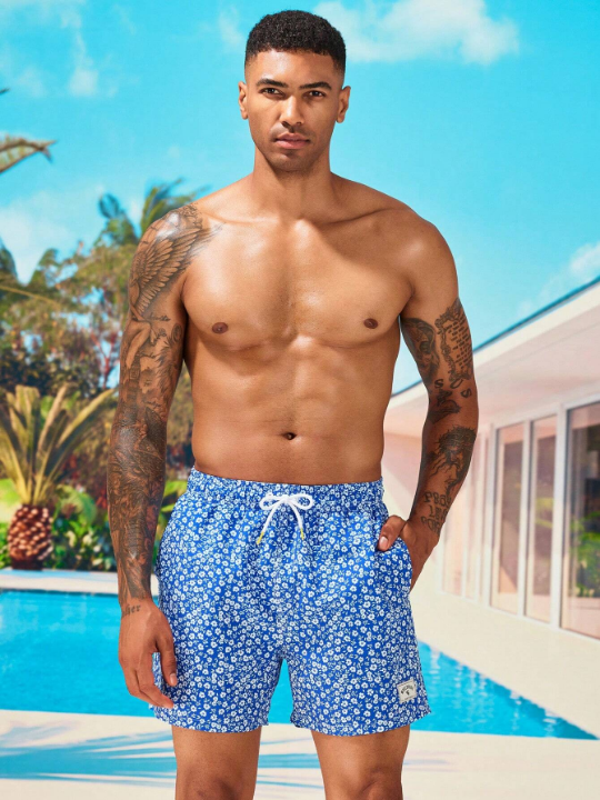 Manfinity Swimmode Men Ditsy Floral Print Letter Patched Detail Drawstring Waist Swim Trunks