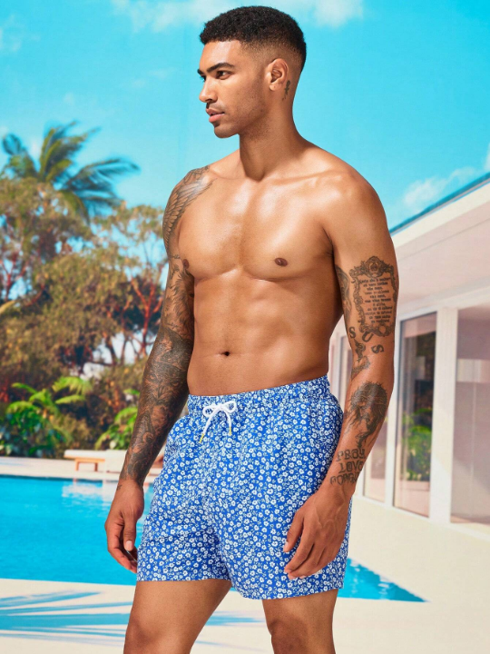 Manfinity Swimmode Men Ditsy Floral Print Letter Patched Detail Drawstring Waist Swim Trunks