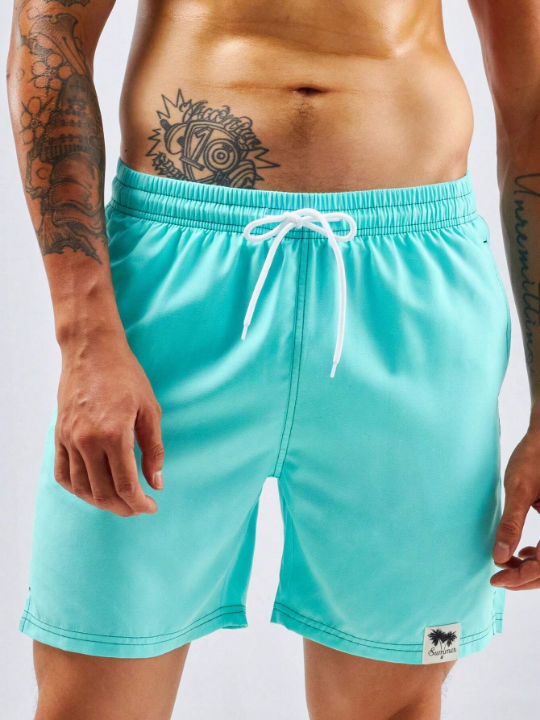 Manfinity Swimmode Men Letter Patched Drawstring Waist Swim Trunks