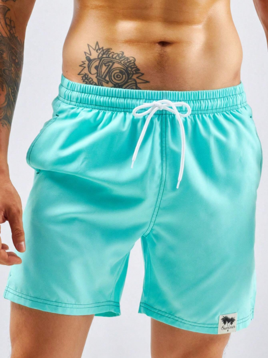 Manfinity Swimmode Men Letter Patched Drawstring Waist Swim Trunks