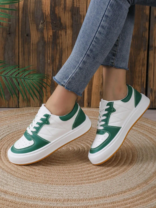 Women Two Tone Lace-up Front Skate Shoes, Sporty Sneakers