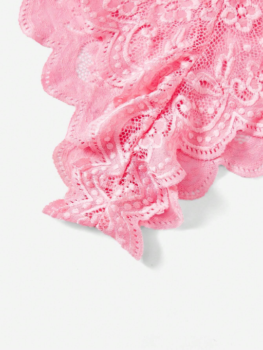 ROMWE Kawaii Floral Lace Scallop Trim Criss Cross Teddy Bodysuit