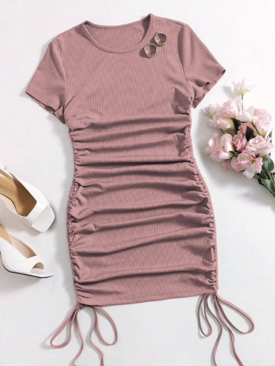 Solid Drawstring Ruched Side Bodycon Dress